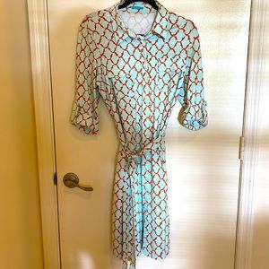 J, McLaughlin NWOT Beautiful light aqua/coral dress. Button front